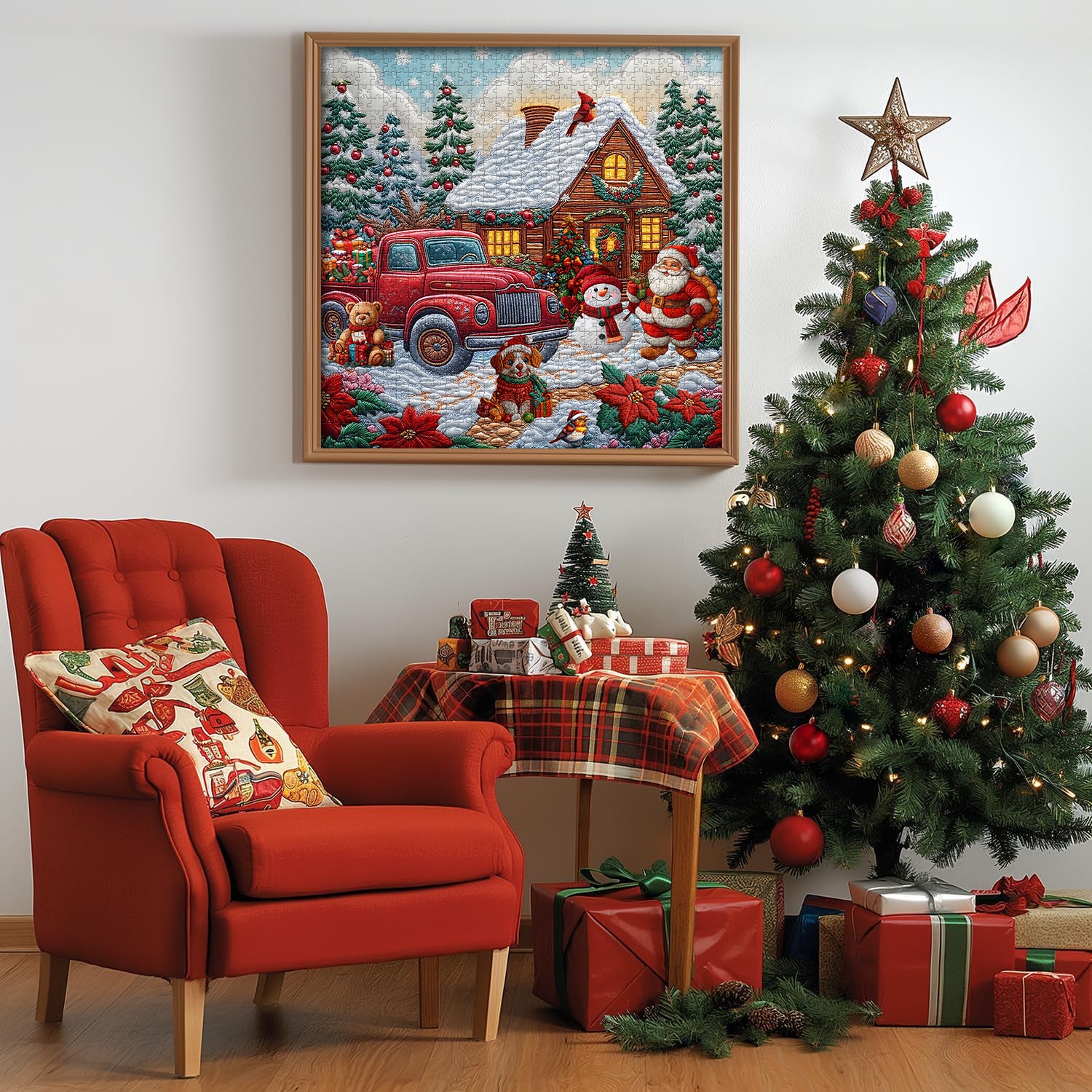 Camión rojo navidad cabaña rompecabezas rompecabezas 1000 piezas